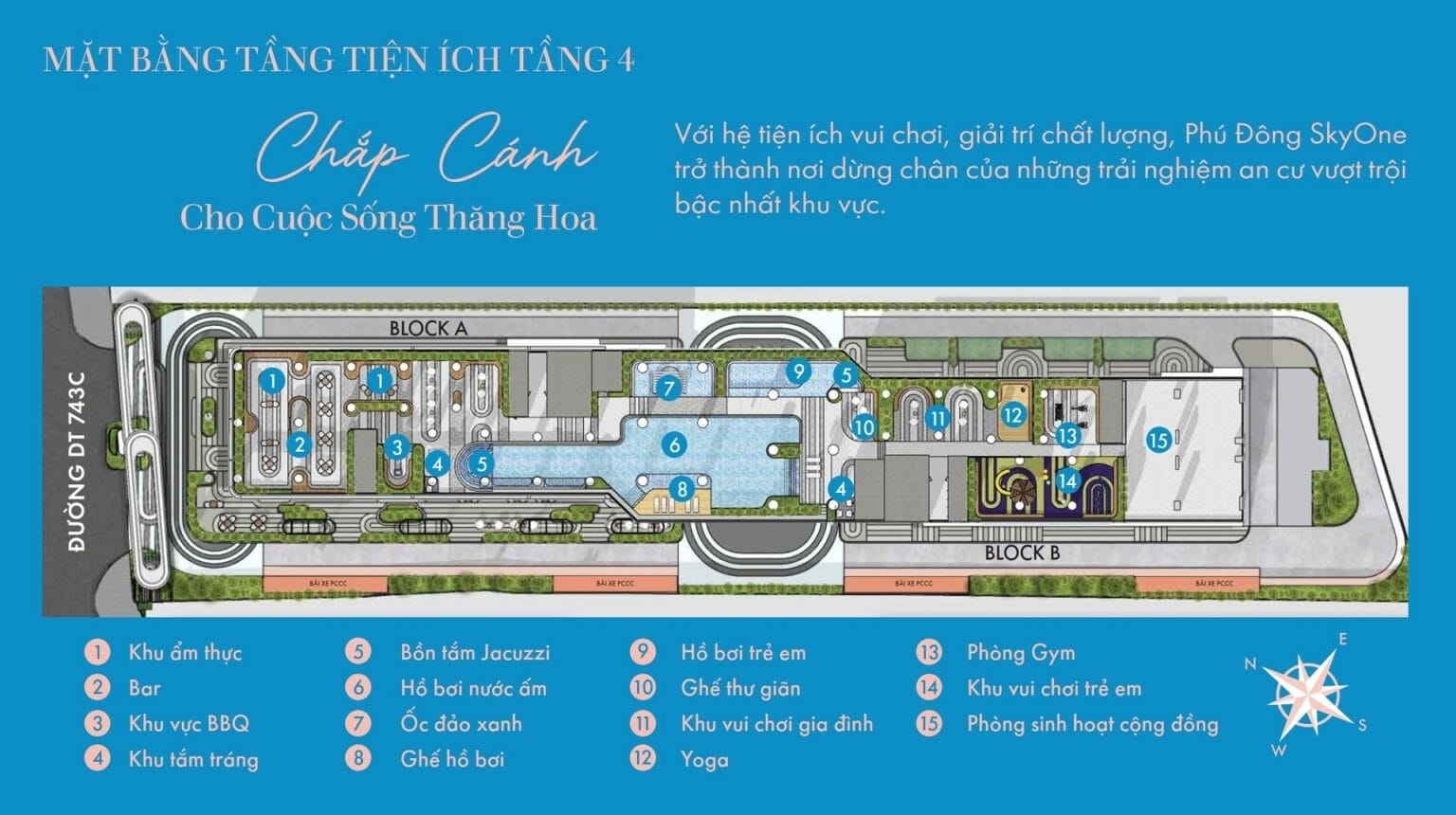 Mặt bằng tầng 4 của Phú Đông Sky One, nơi bố trí nhiều tiện ích chung.