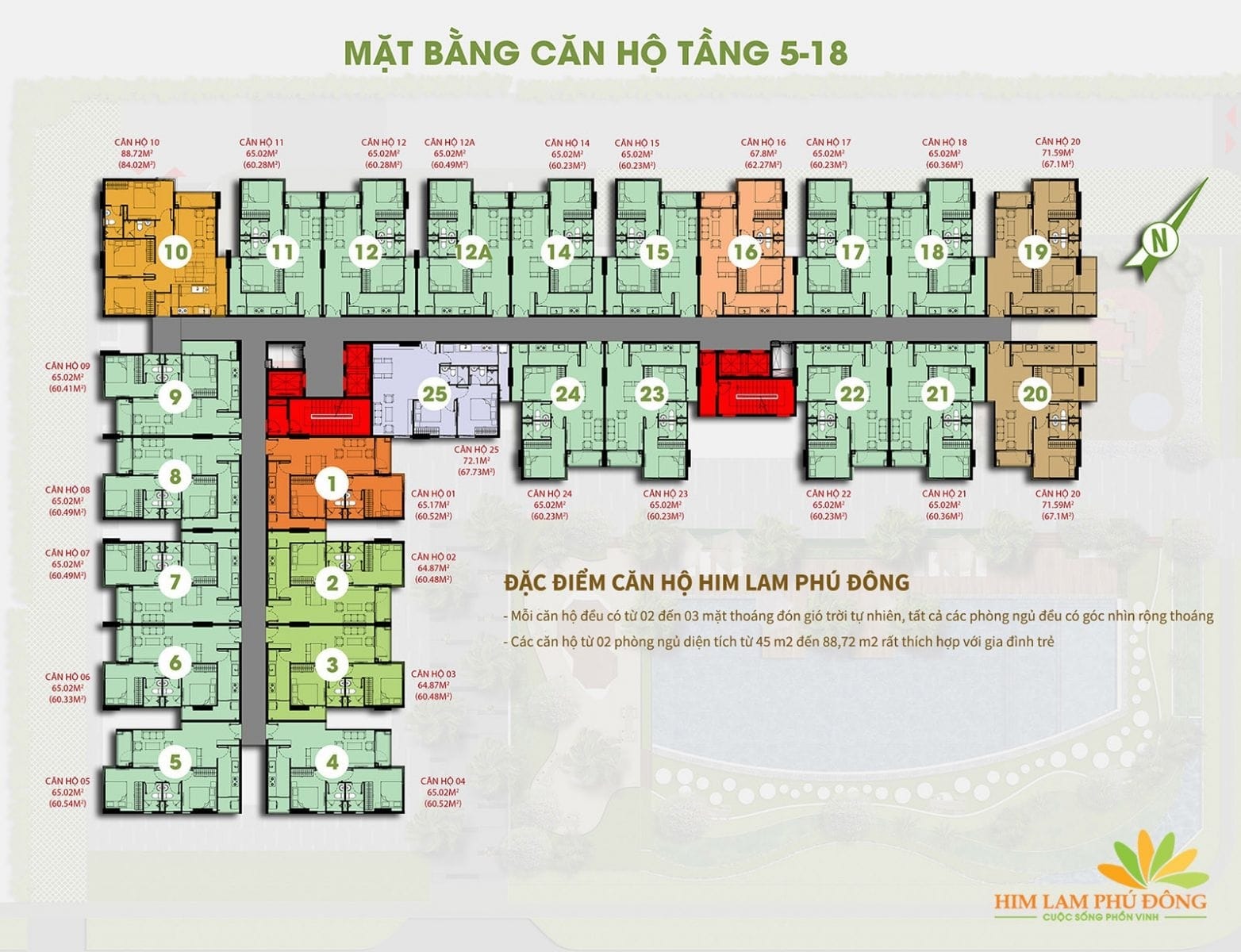 Mặt bằng thiết kế chi tiết tầng 5-18 Him Lam Phú Đông. Mặt bằng thiết kế chi tiết tầng 5-18 Him Lam Phú Đông.